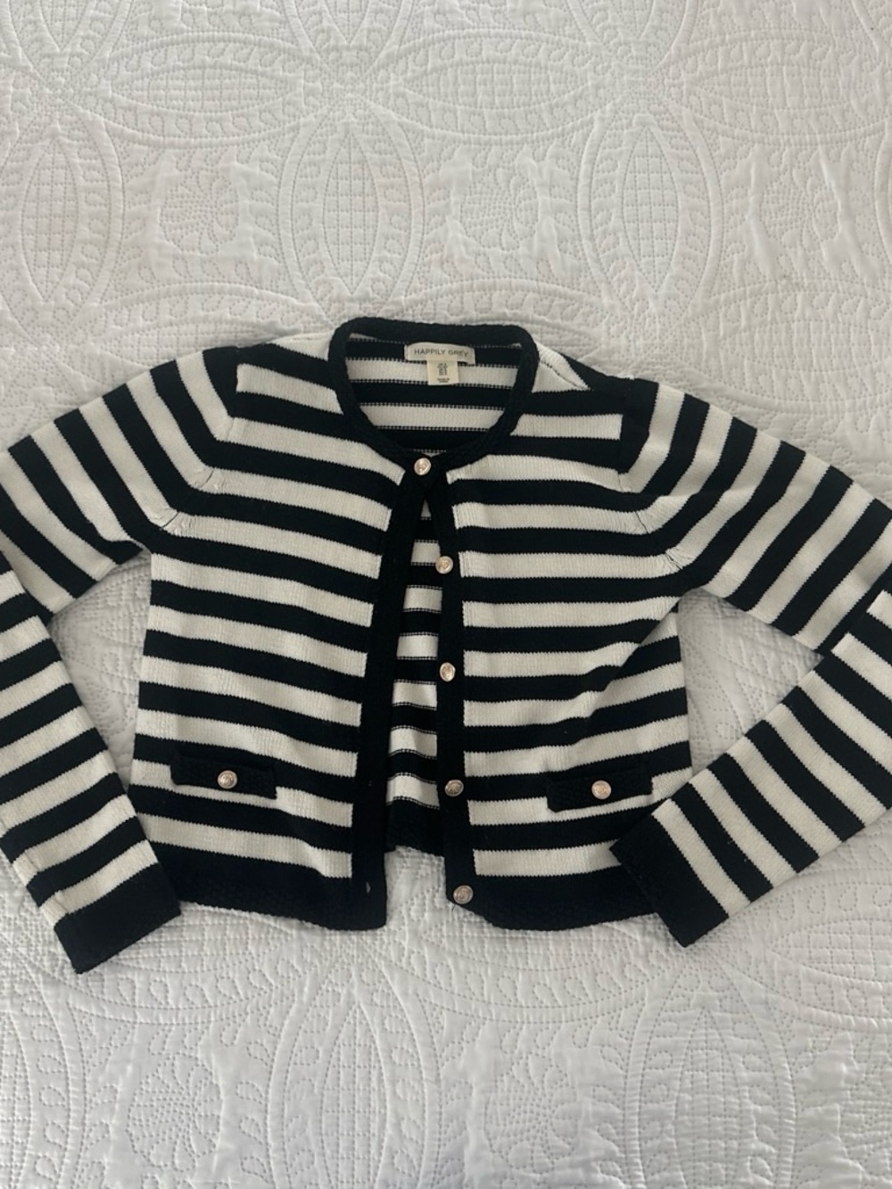 Striped Black & White Button-Front Women's Cardigan